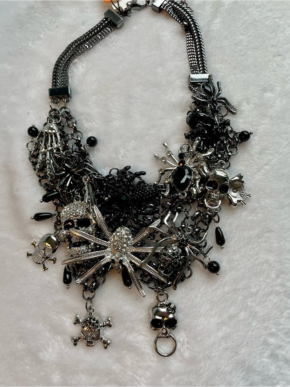 Natasha Black and Silver Gothic Charm Skull Spider Statement Necklace
